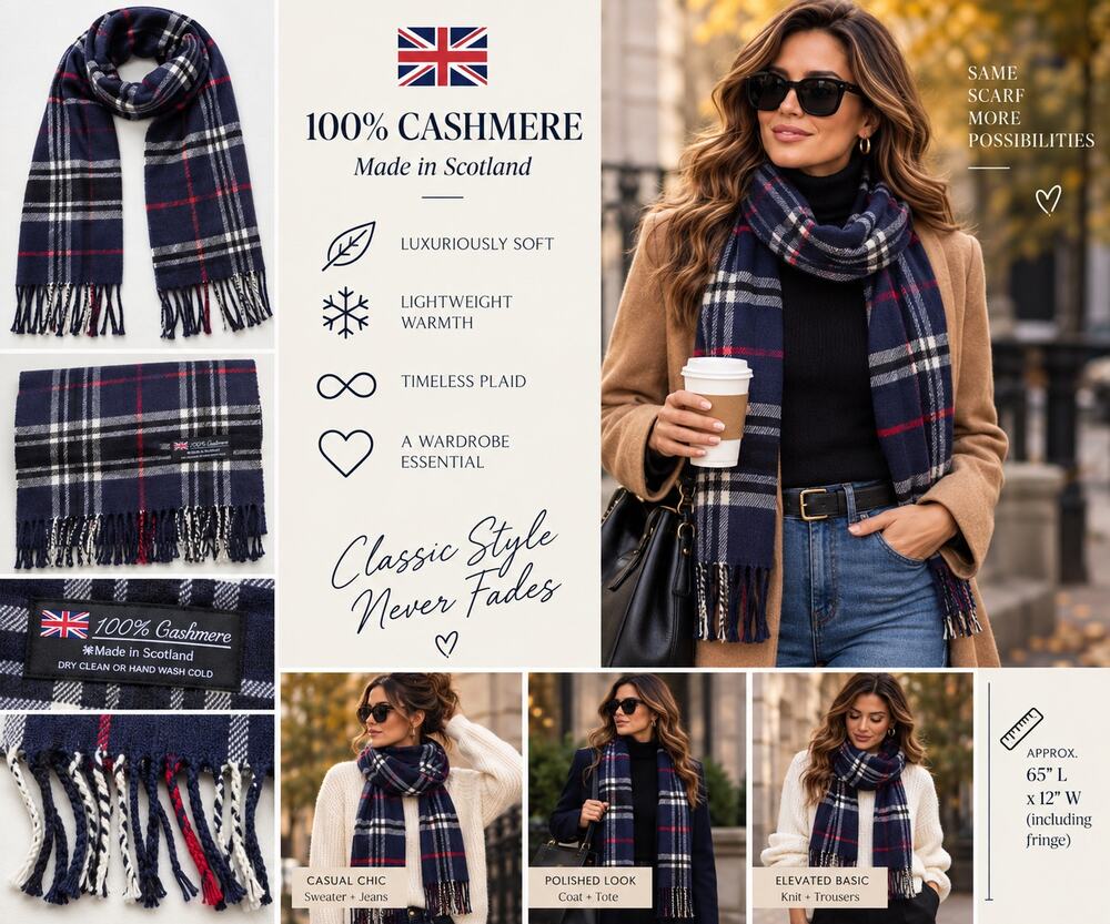 100% Cashmere Scarf Made in Scotland Navy Plaid Fringe 65"